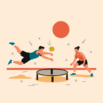 Flat Vector Illustration of Beach Roundnet Spikeball Game