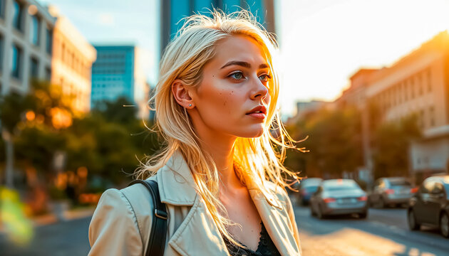 A beautiful and emotional city girl enjoys a wonderful day, emotions and smiles. bottom view