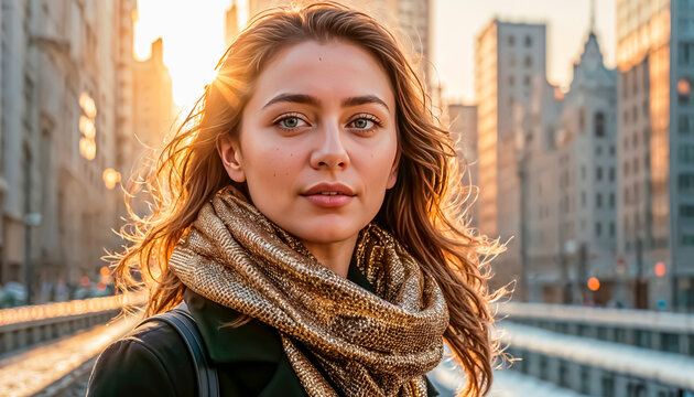 A beautiful and emotional city girl enjoys a wonderful day, emotions and smiles. bottom view