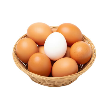 Fresh brown eggs nestled in a woven basket