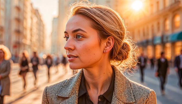 A beautiful and emotional city girl enjoys a wonderful day, emotions and smiles. bottom view