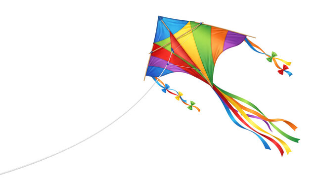 Colorful rainbow kite flying in the air, vibrant delta kite with long flowing ribbons, outdoor summer toy for wind sports and family fun isolated PNG with Transparent Background