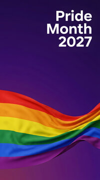 Pride Month 2027 flowing rainbow flag rises across a purple vertical banner with bold white celebration text.