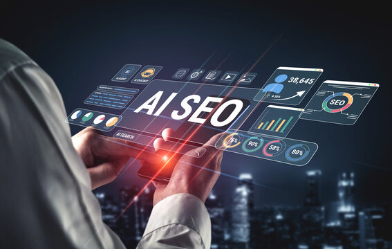 Modern digital interface showcasing AI and SEO technologies, illustrating data insights, analytics, and online marketing strategies for digital businesses. Glyphic.