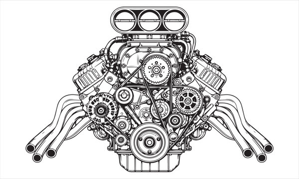 Detailed automotive engine silhouette illustration featuring high performance mechanical motor components with gears pistons exhaust system and engineering design isolated on white vector