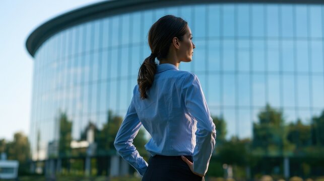 Successful businesswoman looking at a modern office building, back view