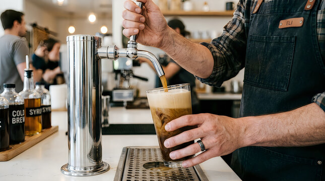 Barista pouring cold brew coffee into a glass with cream