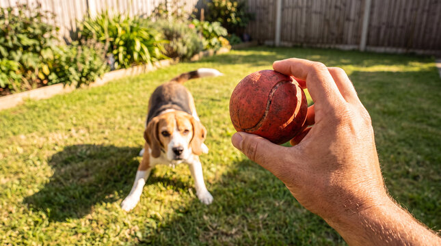 Person holding ball for beagle dog. Owner playing fetch with puppy in sunny backyard.