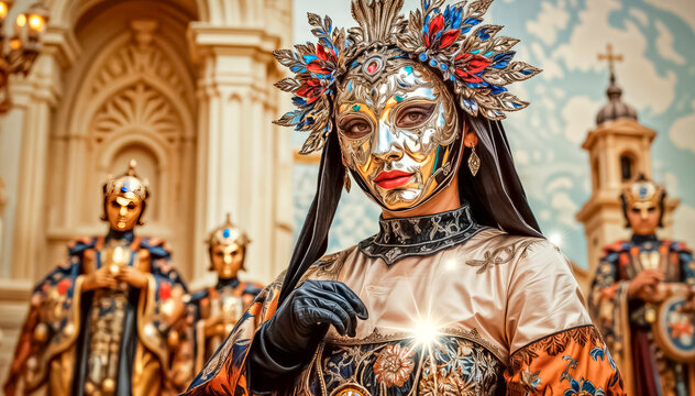 A beautiful stranger at a Venetian carnival smiles mysteriously and tenderly