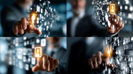 Fototapeta premium Digital human resources management concept, businessman selecting talent from virtual interface, recruitment and networking technology collage