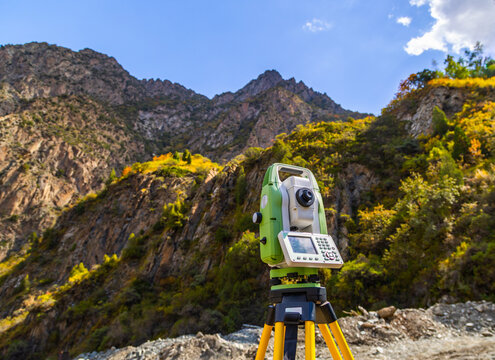 Total station surveying instrument in Kyrgyzstan mountains