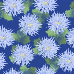 Obraz premium Seamless watercolor pattern with delicate blue wildflowers and green foliage. Perfect for fabric, wallpaper, wrapping paper, stationery, and packaging.