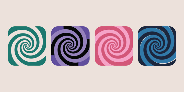 Psychedelic spiral pattern vector with a dynamic swirling vortex of groovy, retro colors including purple, orange, green, blue, and small star accents for creative graphic design.