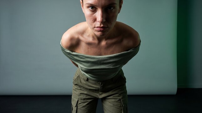Close Up Gen Z Woman in Sage Green Silk Techwear Cargo Top Bare Neck Collarbone Raw Skin Macro Detail, Tactile Contrast Fashion Editorial