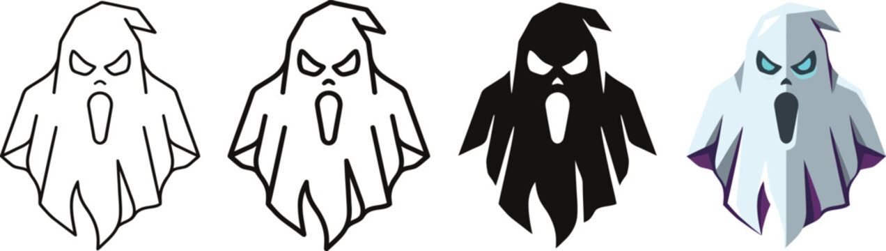 Halloween ghost phantom vector icon set line art and color.