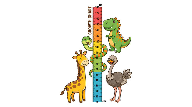 Fun cartoon animals standing next to colorful height chart