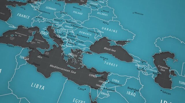Animated political map showing the location of Bulgaria in Europe. The camera gradually approaches the country, revealing the Balkan region, neighboring territories, and the Black Sea coastline.