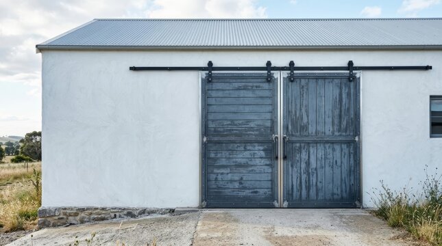 Rustic barn with gray sliding doors and ample copy space on a bright day, perfect for modern farm or industrial design concepts.