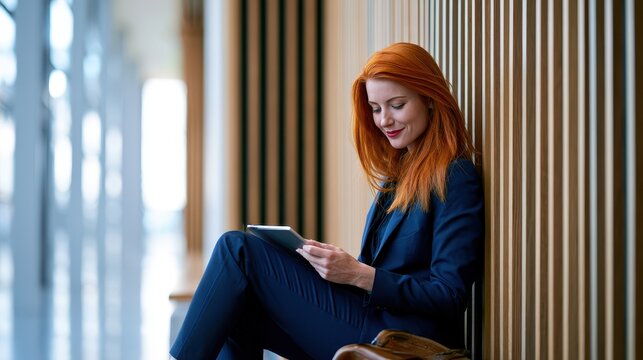 Businesswoman with red hair reading on a tablet while sitting in a hallway
