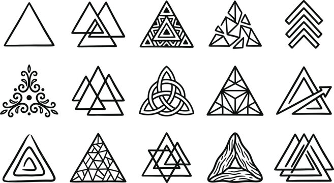 Set of hand drawn decorative triangle symbols isolated on transparent background