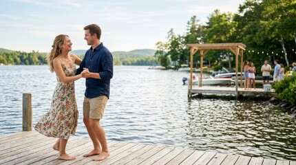 Fototapeta premium Couple dancing on a wooden dock by a lake at golden hour, embodying summer romance and lifestyle