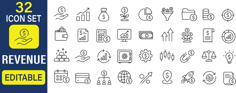 32 Revenue & Financial Growth Vector Outline Icons Set &ndash; Profit, Income, Business Finance and Investment Line Symbols Collection