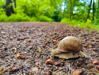 A close up shot of a land snail slowly moving across a ground covered with brown forest debris and leaves. © stanhert