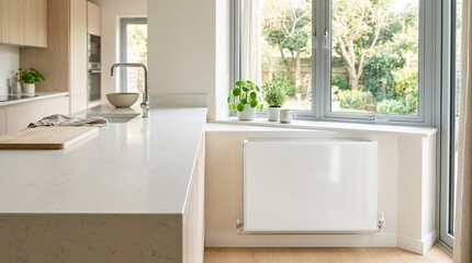 Fototapeta premium Modern minimalist kitchen with a glossy white radiator under a sunlit window, offering ample copy space for advertising.