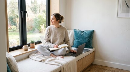 Fototapeta premium Woman working and journaling on a window seat with laptop and notebook bathed in natural light
