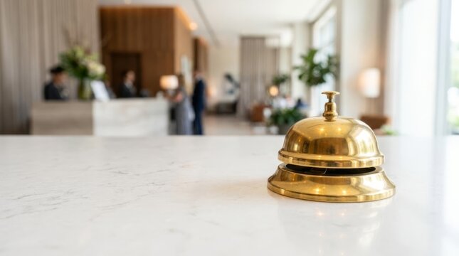 Golden hotel service bell on a marble counter, offering ample copy space for headlines, with a blurred luxury lobby background