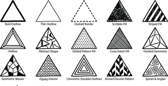 Collection of fifteen different hand drawn triangle shapes isolated on transparent background