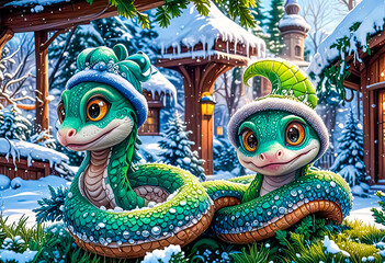 Fototapeta premium Portrait of a green snake in a Santa hat, Symbol of the year according to the Eastern calendar