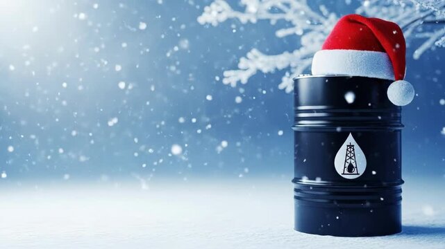 Black oil barrel in snow with Santa hat on top and oil derrick icon. Christmas oil production and energy marketing concept. Global energy crisis.