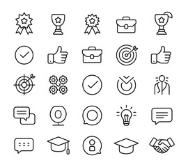 Fototapeta premium Professional achievement and corporate development outline icons collection showing education graduation awards success targets strategy meeting communication icons for digital projects.