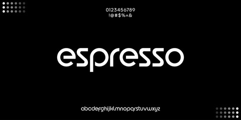 Espresso text in modern geometric sans-serif font. Minimalist Monochrome Wordmark Branding on Black Background © HeyluStudio