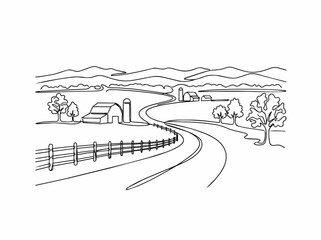Fototapeta premium Minimalist country road through farmland with barn and mountains