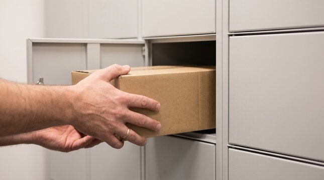 Hands placing a brown cardboard box into a grey metal parcel locker