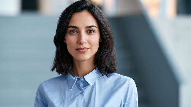 Portrait of a professional young woman with dark hair wearing a light blue shirt