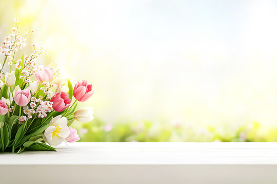 An empty light wooden tabletop or shelf surface with a colorful bouquet of fresh spring tulips in the corner against a soft blurred sunny garden background with ample copy space for product display.