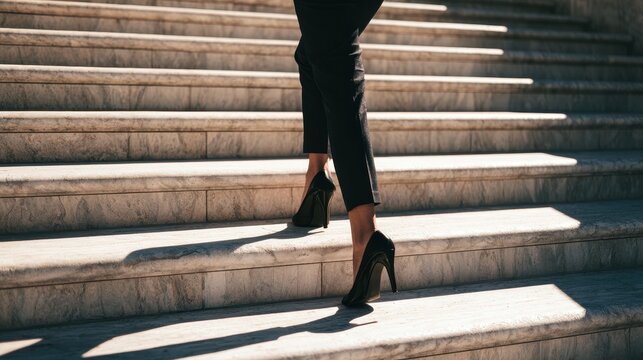 Professional woman in black suit and high heels walking up marble stairs, low angle view