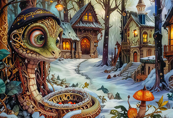 Obraz premium Portrait of a green snake in a Santa hat, Symbol of the year according to the Eastern calendar