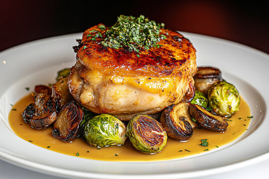 An elegant plate of roasted chicken thigh with caramelized brussels sprouts and rich sauce, beautifully plated and garnished for fine dining, gourmet restaurant menus and recipes