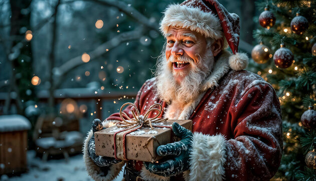 A cheerful and cunning Santa smiles charmingly and winks cheerfull. Christmas Eve, magic