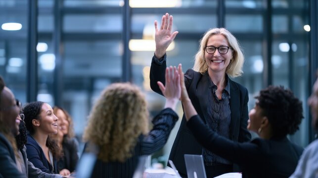 Professional business team celebrating a successful project achievement with high fives in a modern office meeting room