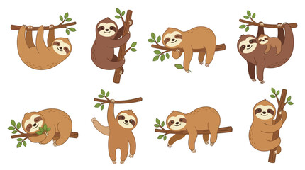 Fototapeta premium Adorable sloth characters in various cute hanging positions crafted as a detailed vector graphic design set