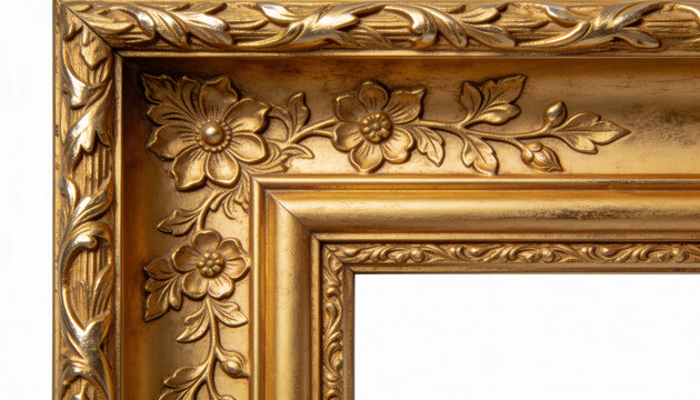 golden frame corner with carved floral elements, antique gold leaf picture frame corner, floral gold moulding frame detail