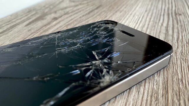 View of the broken phone screen. Cracked glass. A broken smartphone. Wooden background. Close up. 4k