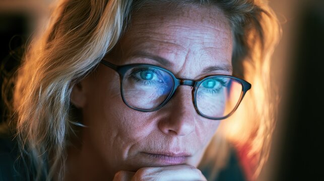 Thoughtful middleaged woman with glasses resting chin on hand, looking at a computer screen in low light