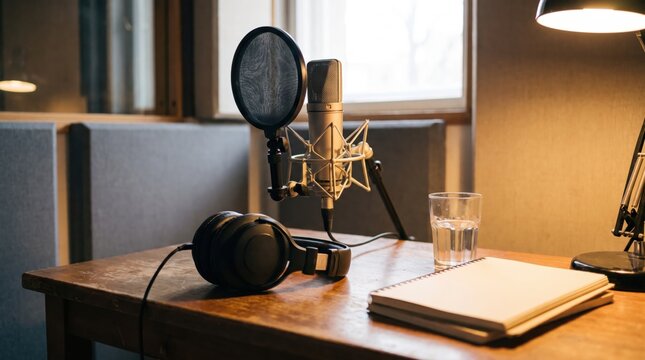 Professional condenser microphone with a pop filter and black headphones on a wooden desk beside a glass of water inside a sound recording studio
