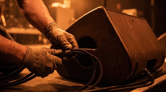 Gloved hands coiling and managing thick black audio cables around a wooden stage monitor speaker during a live event concert setup